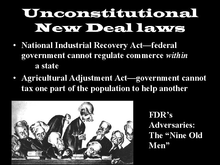 Unconstitutional New Deal laws • National Industrial Recovery Act—federal government cannot regulate commerce within