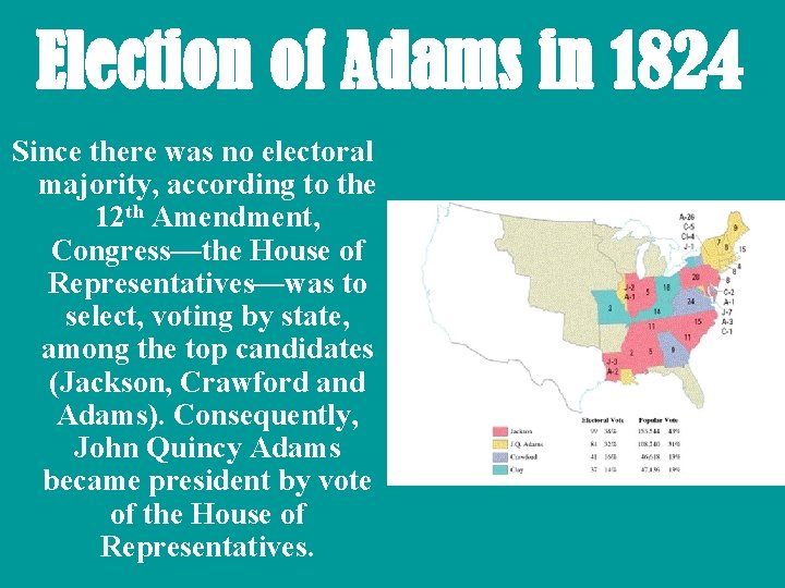 Election of Adams in 1824 Since there was no electoral majority, according to the