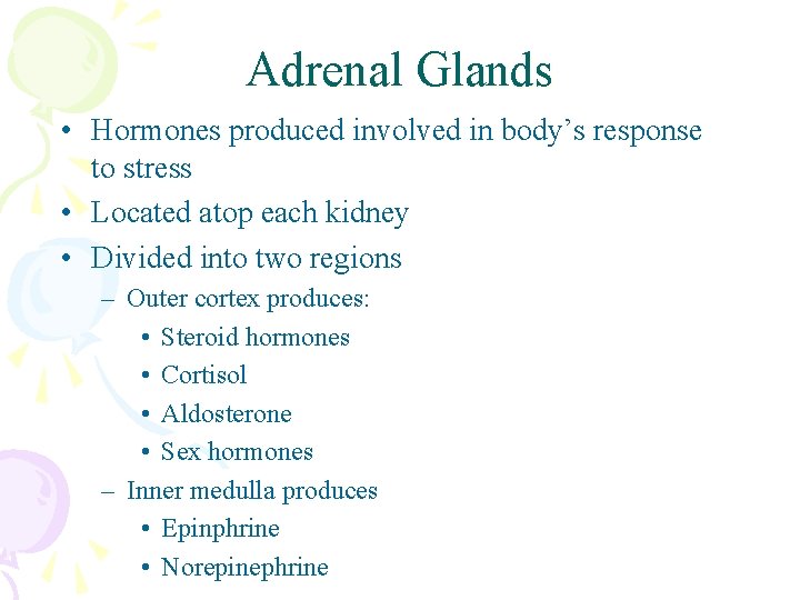 Adrenal Glands • Hormones produced involved in body’s response to stress • Located atop