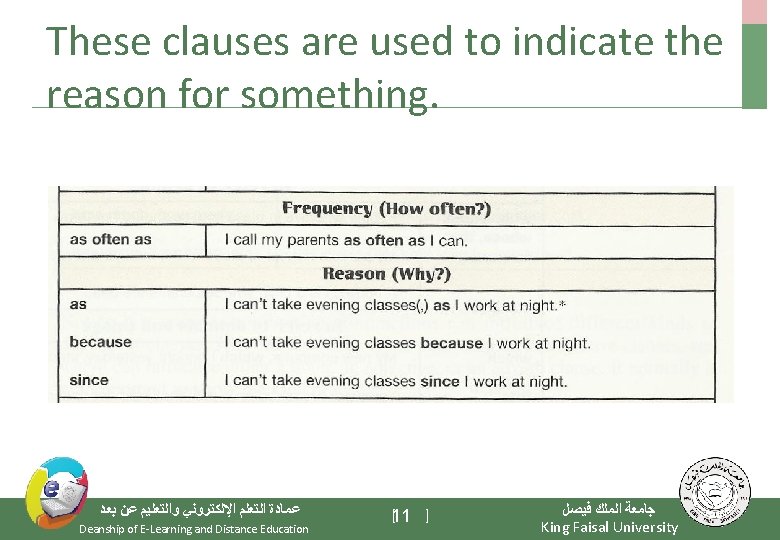 These clauses are used to indicate the reason for something. ﻋﻤﺎﺩﺓ ﺍﻟﺘﻌﻠﻢ ﺍﻹﻟﻜﺘﺮﻭﻧﻲ ﻭﺍﻟﺘﻌﻠﻴﻢ
