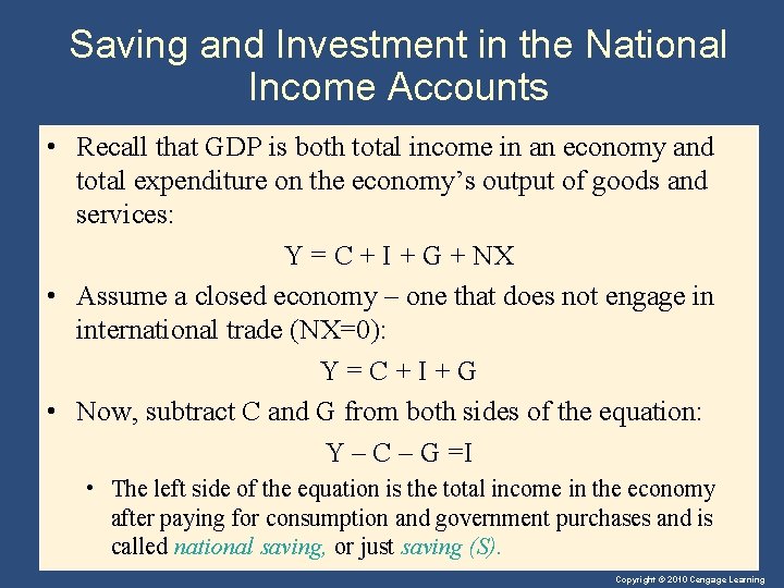 Saving and Investment in the National Income Accounts • Recall that GDP is both