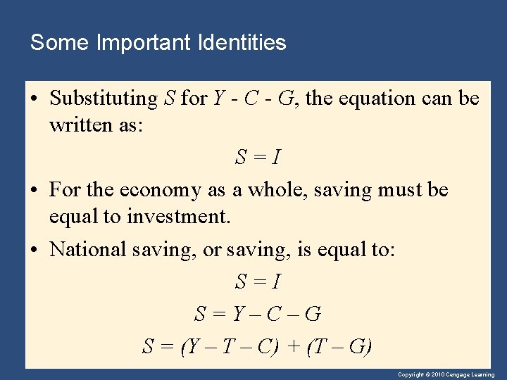 Some Important Identities • Substituting S for Y - C - G, the equation