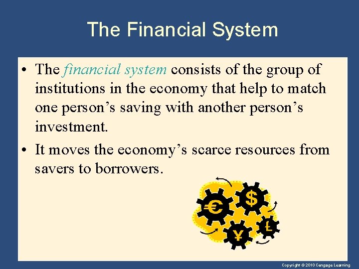 The Financial System • The financial system consists of the group of institutions in