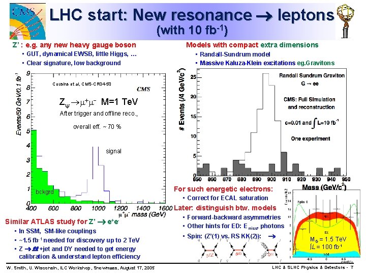 LHC start: New resonance leptons (with 10 fb-1) Z’ : e. g. any new