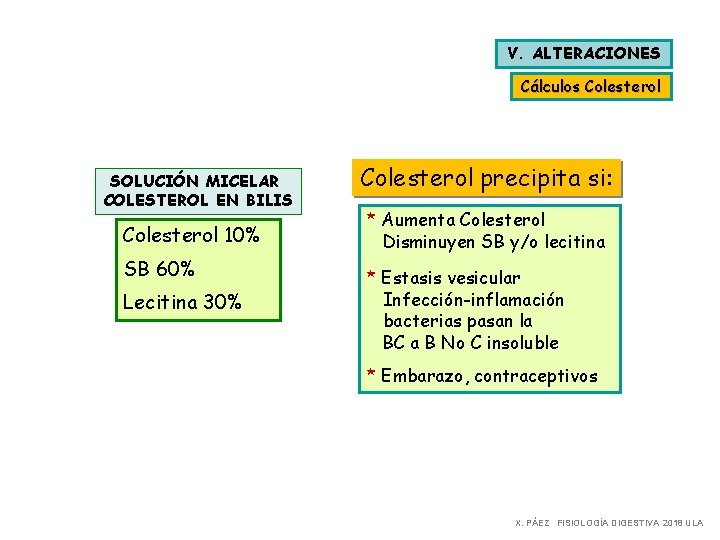 V. ALTERACIONES Cálculos Colesterol SOLUCIÓN MICELAR COLESTEROL EN BILIS Colesterol 10% SB 60% Lecitina V. ALTERACIONES Cálculos Colesterol SOLUCIÓN MICELAR COLESTEROL EN BILIS Colesterol 10% SB 60% Lecitina