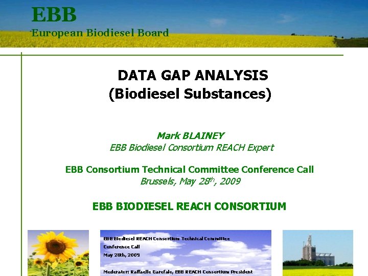 EBB European Biodiesel Board DATA GAP ANALYSIS (Biodiesel Substances) Mark BLAINEY EBB Biodiesel Consortium