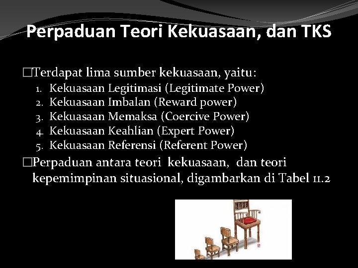 Perpaduan Teori Kekuasaan, dan TKS �Terdapat lima sumber kekuasaan, yaitu: 1. Kekuasaan Legitimasi (Legitimate