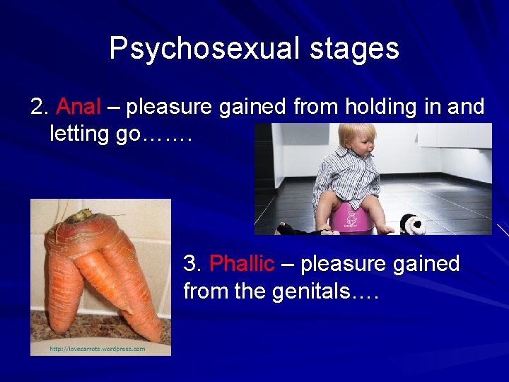 Psychosexual stages 2. Anal – pleasure gained from holding in and letting go……. 3.