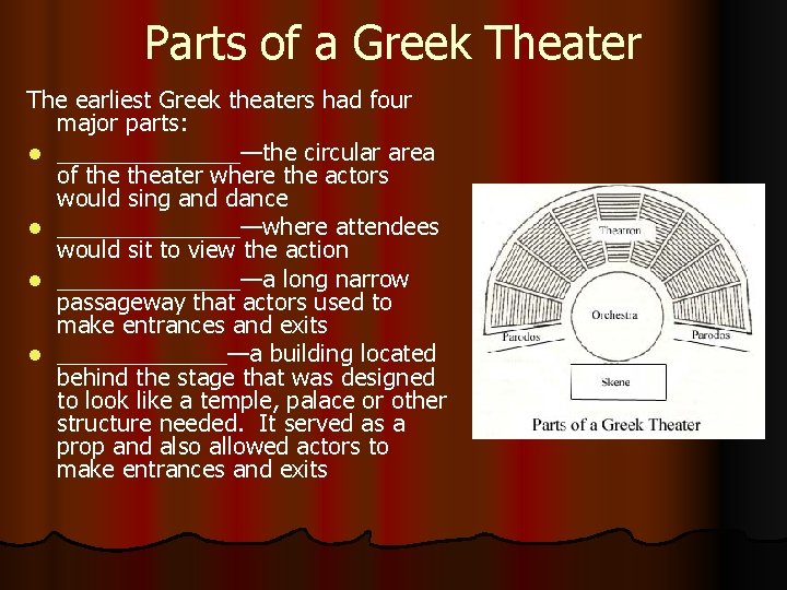 Parts of a Greek Theater The earliest Greek theaters had four major parts: l