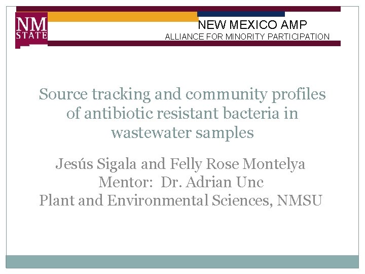 NEW MEXICO AMP ALLIANCE FOR MINORITY PARTICIPATION Source tracking and community profiles of antibiotic