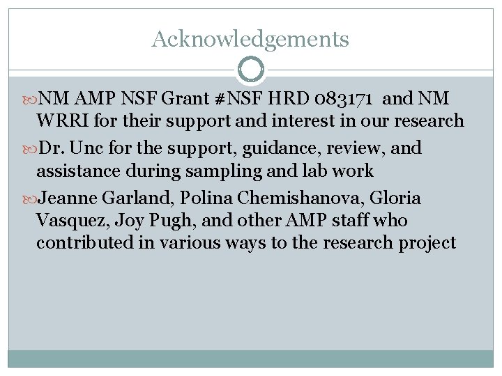 Acknowledgements NM AMP NSF Grant #NSF HRD 083171 and NM WRRI for their support