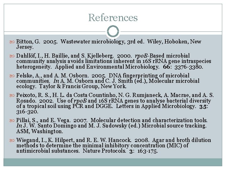References Bitton, G. 2005. Wastewater microbiology, 3 rd ed. Wiley, Hoboken, New Jersey. Dahllöf,