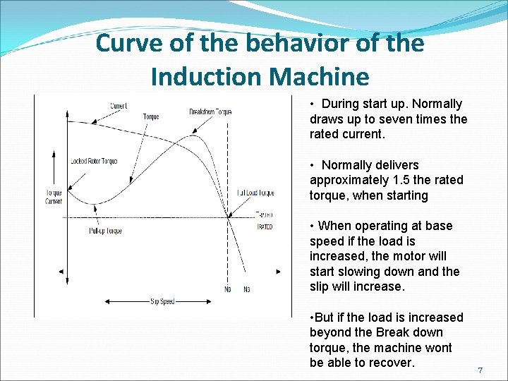 Curve of the behavior of the Induction Machine • During start up. Normally draws