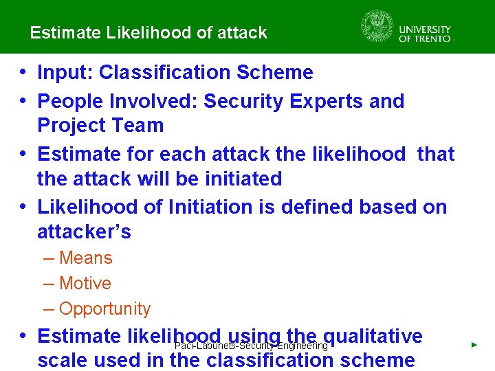 Estimate Likelihood of attack • Input: Classification Scheme • People Involved: Security Experts and