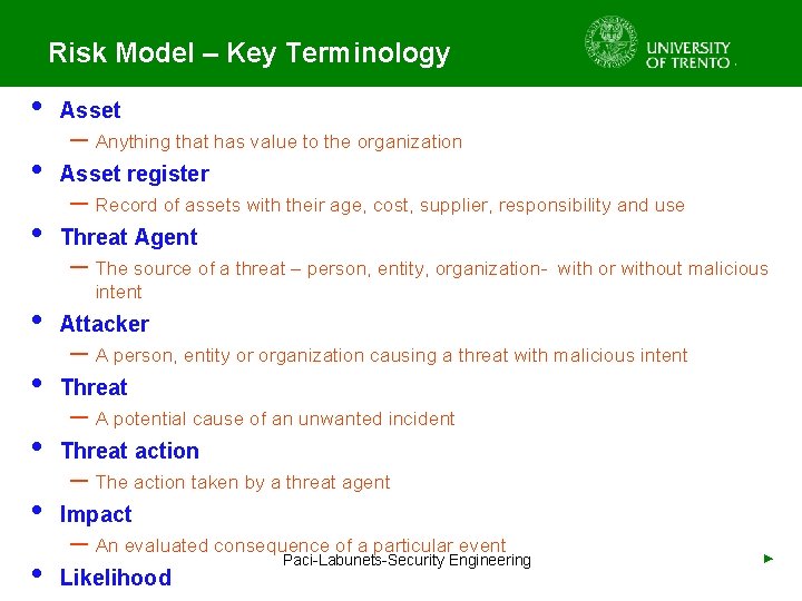 Risk Model – Key Terminology • Asset register • Threat Agent – Anything that