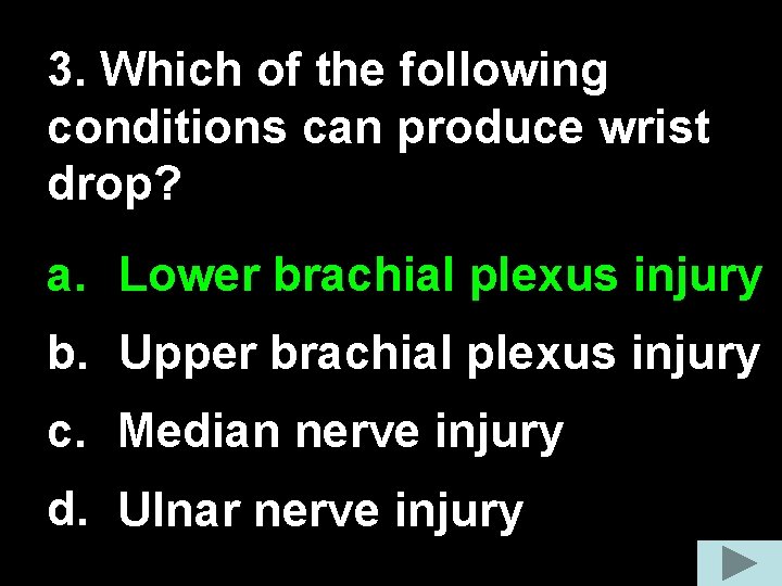3. Which of the following conditions can produce wrist drop? a. Lower brachial plexus 3. Which of the following conditions can produce wrist drop? a. Lower brachial plexus