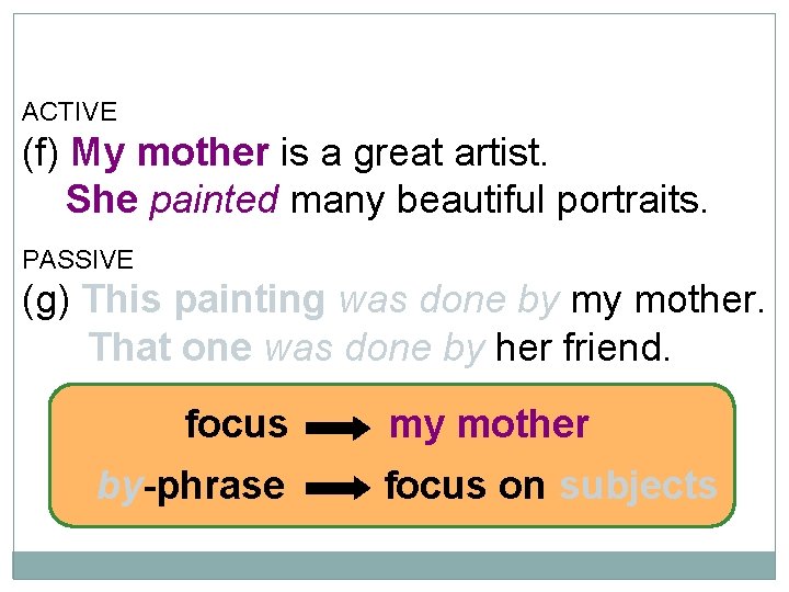 10 -4 USING THE BY- PHRASE ACTIVE (f) My mother is a great artist.