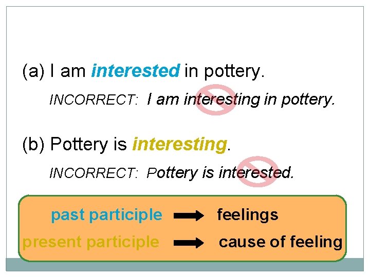 10 -7 PARTICIPIAL ADJECTIVES: -ED VS. -ING (a) I am interested in pottery. INCORRECT: