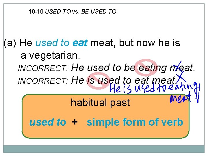 10 -10 USED TO vs. BE USED TO (a) He used to eat meat,