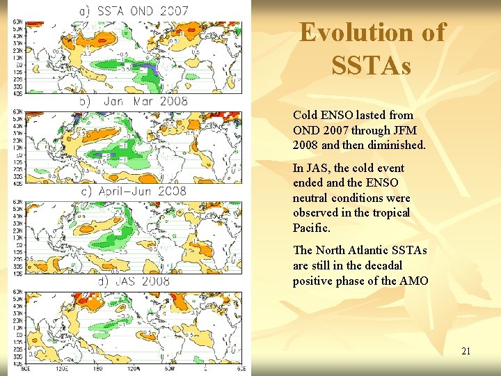 Evolution of SSTAs Cold ENSO lasted from OND 2007 through JFM 2008 and then