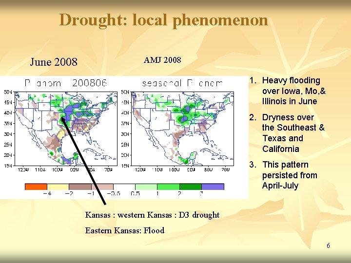 Drought: local phenomenon June 2008 AMJ 2008 1. Heavy flooding over Iowa, Mo, &