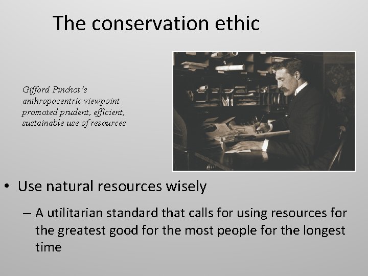 The conservation ethic Gifford Pinchot’s anthropocentric viewpoint promoted prudent, efficient, sustainable use of resources