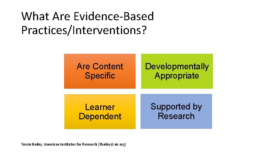 What Are Evidence‐Based Practices/Interventions? Are Content Specific Developmentally Appropriate Learner Dependent Supported by Research