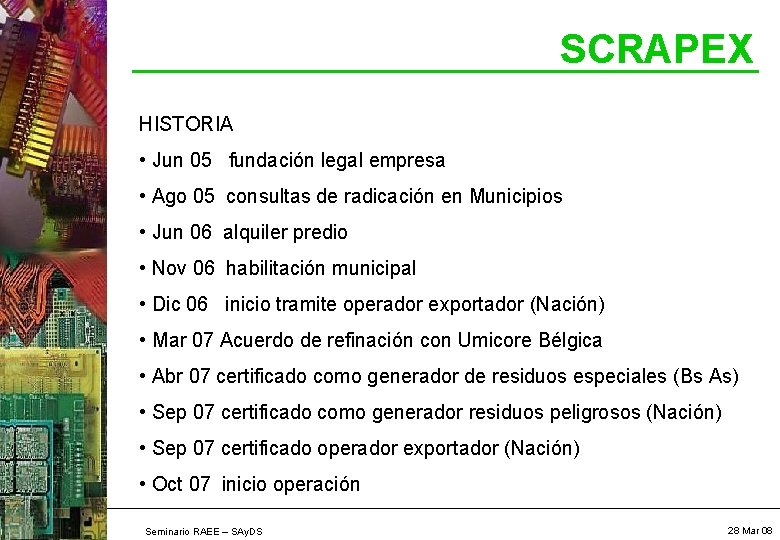 SCRAPEX HISTORIA • Jun 05 fundación legal empresa • Ago 05 consultas de radicación