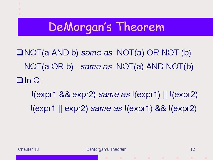 De. Morgan’s Theorem q NOT(a AND b) same as NOT(a) OR NOT (b) NOT(a