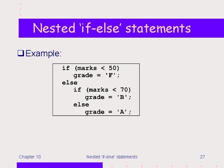 Nested ‘if-else’ statements q Example: Chapter 10 Nested ‘if-else’ statements 27 