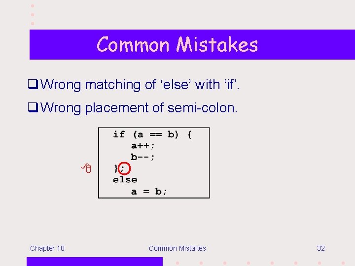 Common Mistakes q Wrong matching of ‘else’ with ‘if’. q Wrong placement of semi-colon.