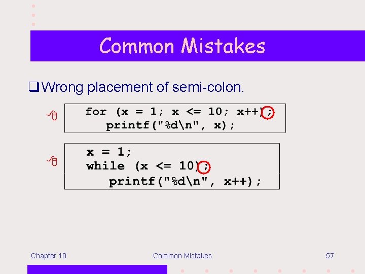 Common Mistakes q Wrong placement of semi-colon. Chapter 10 Common Mistakes 57 