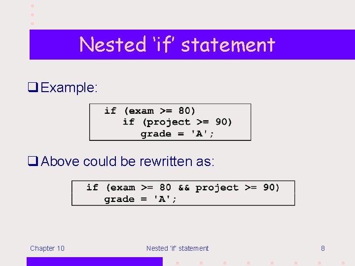 Nested ‘if’ statement q Example: q Above could be rewritten as: Chapter 10 Nested