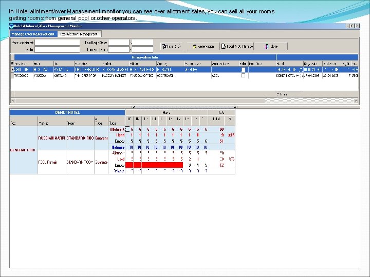 In Hotel allotment/over Management monitor you can see over allotment sales, you can sell