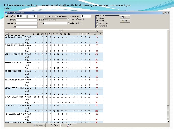 In Hotel Allotment monitor you can follow final situation of hotel allotments, you can