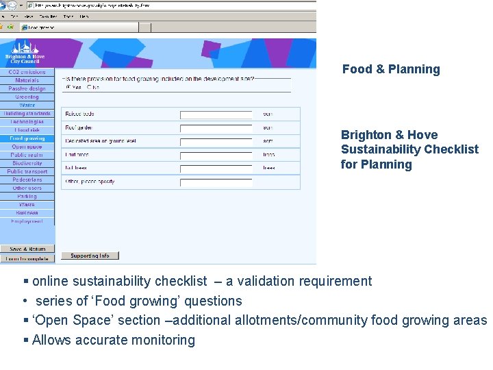 Food & Planning Brighton & Hove Sustainability Checklist for Planning § online sustainability checklist Food & Planning Brighton & Hove Sustainability Checklist for Planning § online sustainability checklist