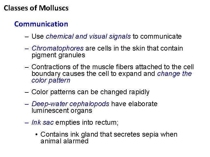Classes of Molluscs Communication – Use chemical and visual signals to communicate – Chromatophores