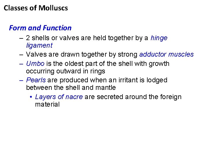 Classes of Molluscs Form and Function – 2 shells or valves are held together