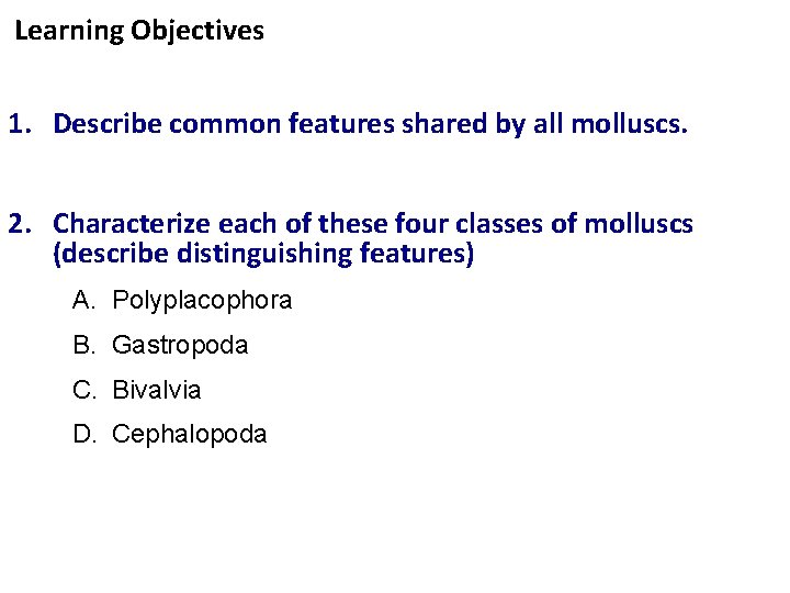 Learning Objectives 1. Describe common features shared by all molluscs. 2. Characterize each of