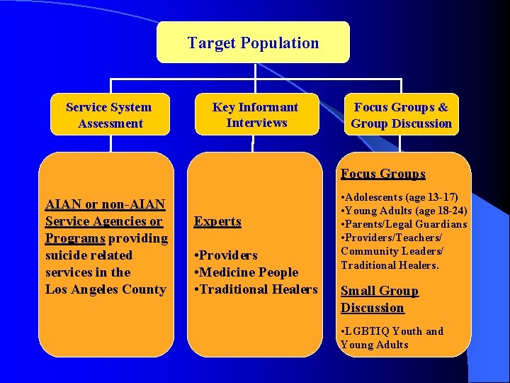 Target Population Service System Assessment Key Informant Interviews Focus Groups & Group Discussion Focus Target Population Service System Assessment Key Informant Interviews Focus Groups & Group Discussion Focus