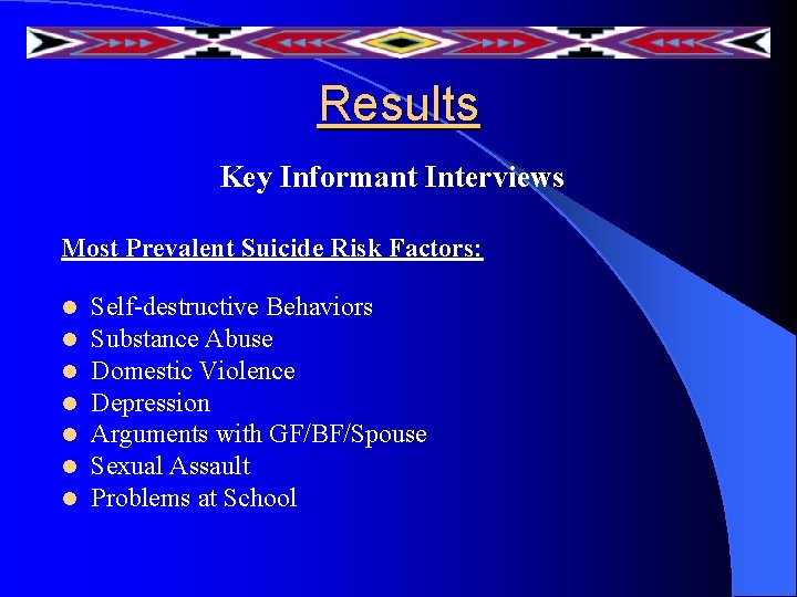 Results Key Informant Interviews Most Prevalent Suicide Risk Factors: l l l l Self-destructive Results Key Informant Interviews Most Prevalent Suicide Risk Factors: l l l l Self-destructive