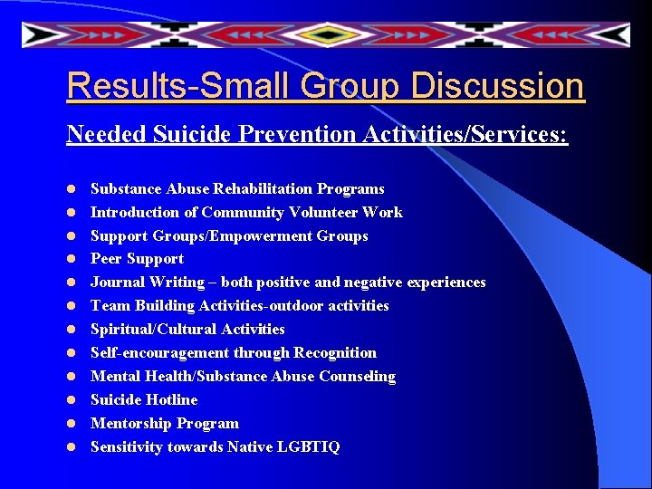 Results-Small Group Discussion Needed Suicide Prevention Activities/Services: l l l Substance Abuse Rehabilitation Programs Results-Small Group Discussion Needed Suicide Prevention Activities/Services: l l l Substance Abuse Rehabilitation Programs