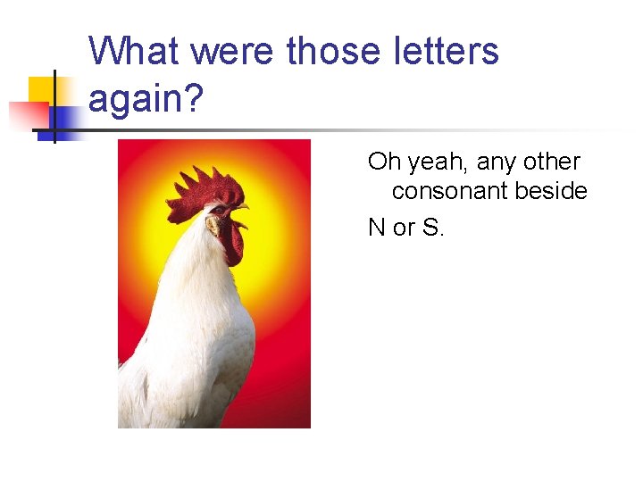 What were those letters again? Oh yeah, any other consonant beside N or S. What were those letters again? Oh yeah, any other consonant beside N or S.