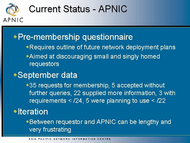 Current Status - APNIC w. Pre-membership questionnaire w. Requires outline of future network deployment
