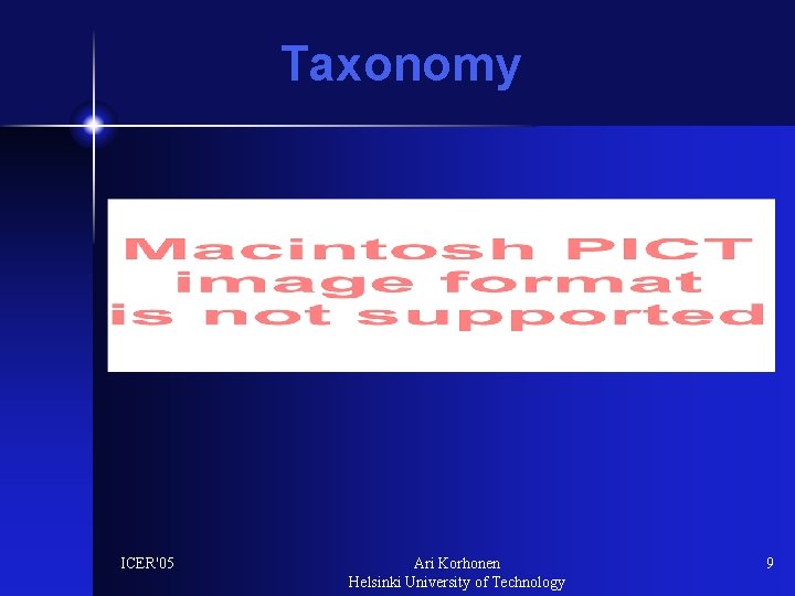 Taxonomy ICER'05 Ari Korhonen Helsinki University of Technology 9 