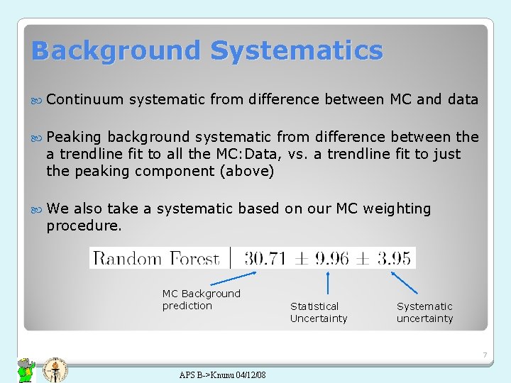 Background Systematics Continuum systematic from difference between MC and data Peaking background systematic from