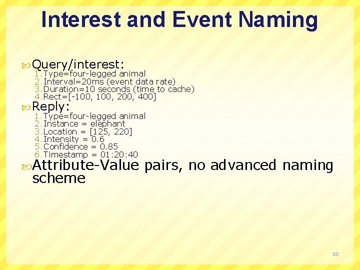 Interest and Event Naming Query/interest: 1. Type=four-legged animal 2. Interval=20 ms (event data rate)