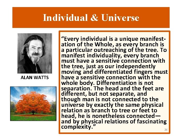 Individual & Universe ALAN WATTS “Every individual is a unique manifest- ation of the