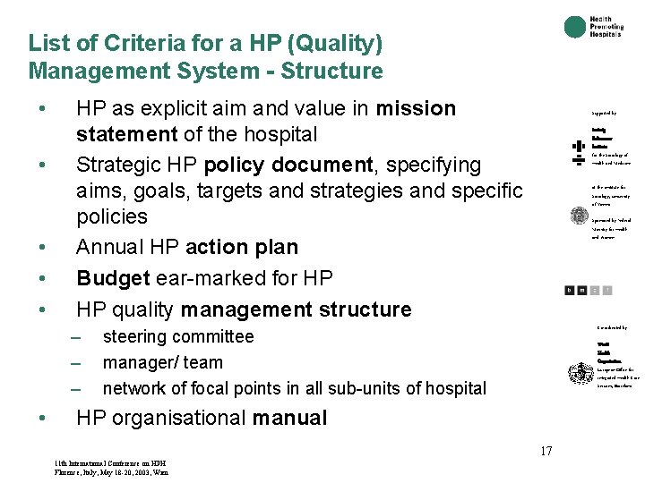 List of Criteria for a HP (Quality) Management System - Structure • • •