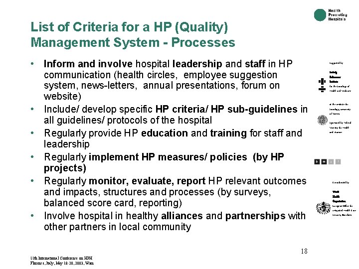 List of Criteria for a HP (Quality) Management System - Processes • Inform and